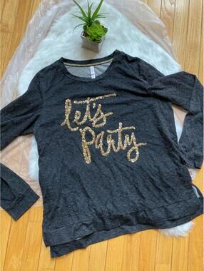 Xhilaration Women's XXL Charcoal Gray Long Sleeve Sequin 'Let's Party' Shirt